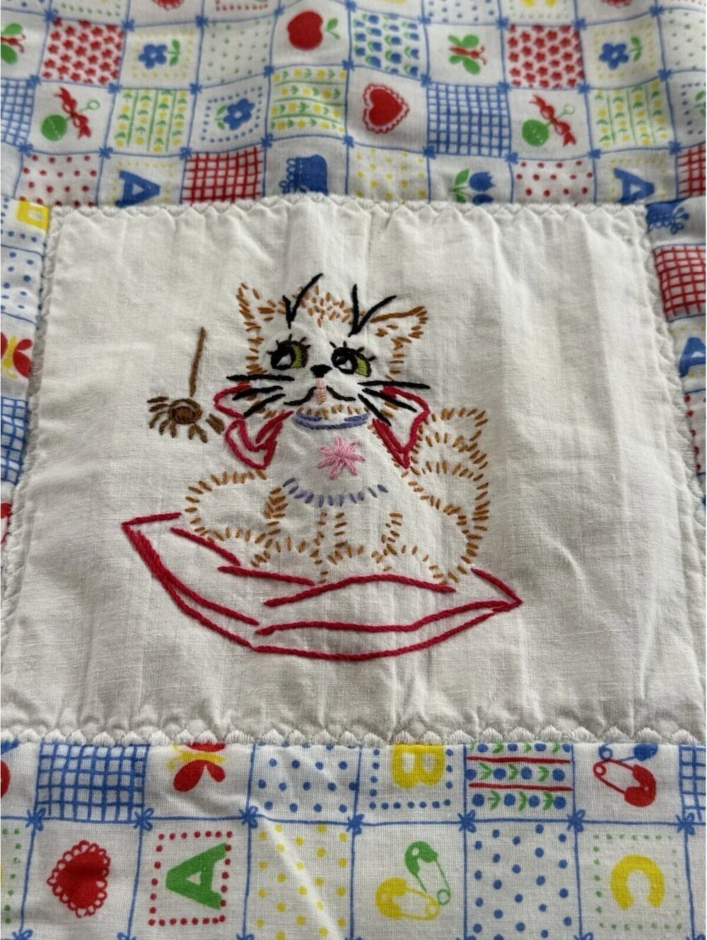 Vintage Handmade Baby Quilt Embroidered Kittens Cats Nursery 27x34 Patchwork